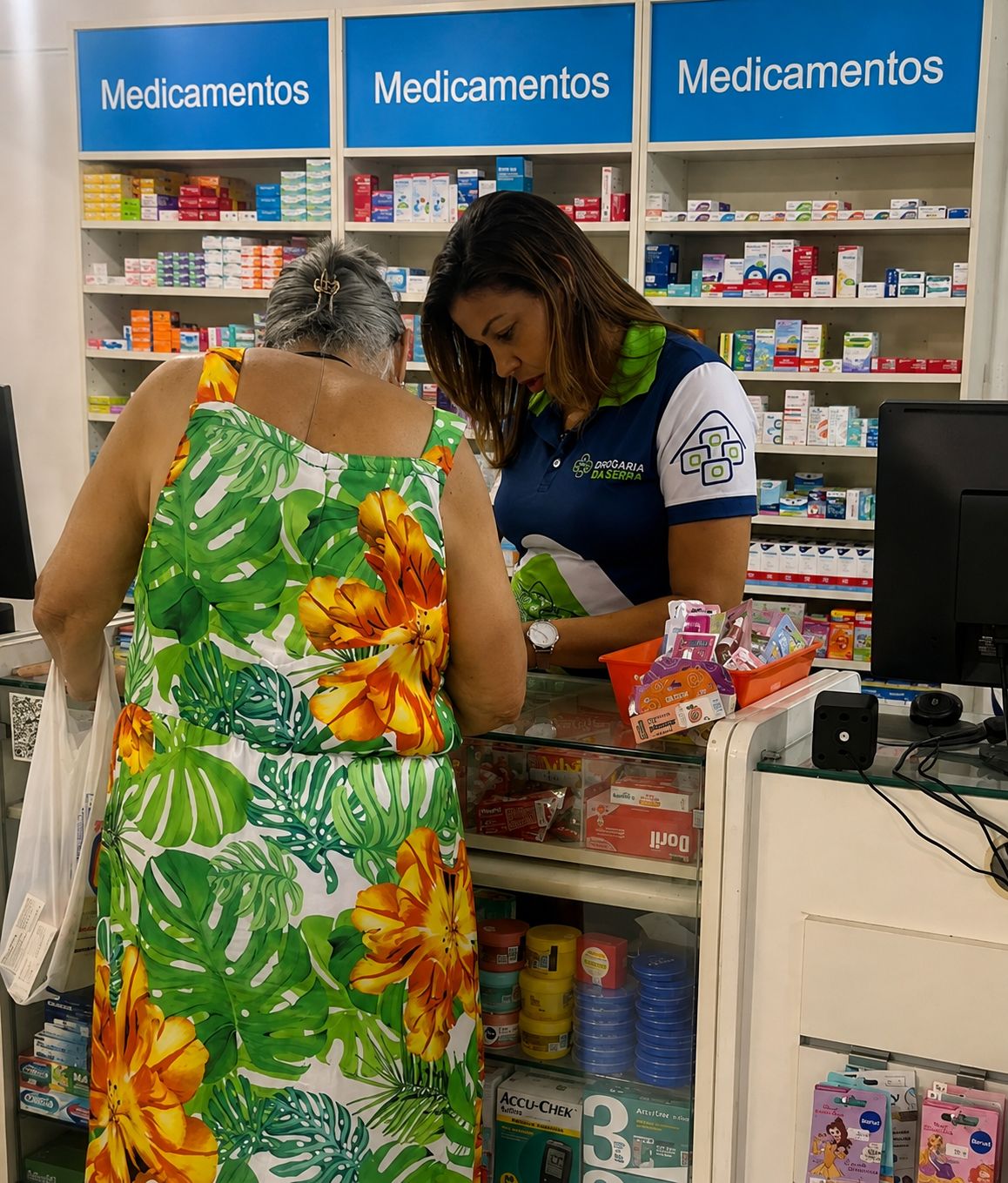 Ana Carolina atendendo uma cliente no balcão da farmácia